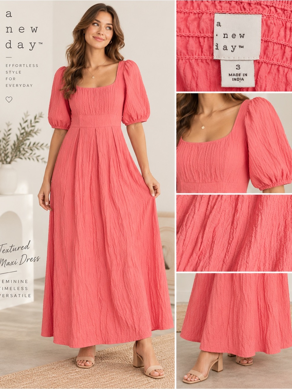 a new day Coral-Pink Textured Maxi Dress with Puff Sleeves